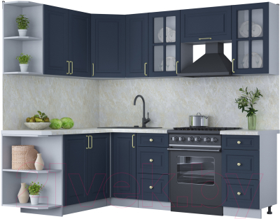 Кухонный гарнитур Интерлиния Мила Шато 1.7x2.3 левая (индиго/индиго/опал светлый) - фото