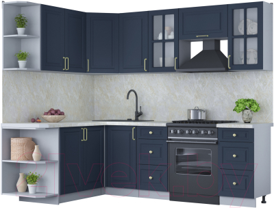 Кухонный гарнитур Интерлиния Мила Шато 1.7x2.4 левая (индиго/индиго/опал светлый) - фото