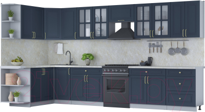 Кухонный гарнитур Интерлиния Мила Шато 1.7x3.8 левая (индиго/индиго/опал светлый) - фото