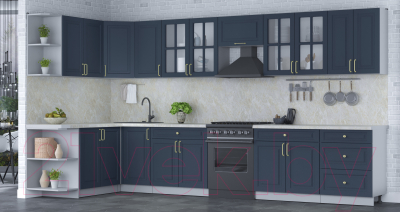 Кухонный гарнитур Интерлиния Мила Шато 1.7x3.8 левая (индиго/индиго/опал светлый)