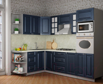 Кухонный гарнитур Интерлиния Мила Шато 1.68x2.4 ВТ левая (индиго/индиго/опал светлый)