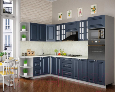 Кухонный гарнитур Интерлиния Мила Шато 1.68x3.0 ВТ левая (индиго/индиго/опал светлый)