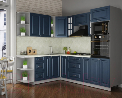 Кухонный гарнитур Интерлиния Мила Шато 1.88x2.4 ВТ левая (индиго/индиго/опал светлый)