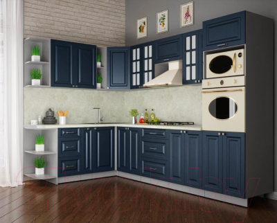 Кухонный гарнитур Интерлиния Мила Шато 1.88x3.0 ВТ левая (индиго/индиго/опал светлый)