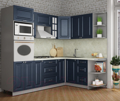 Кухонный гарнитур Интерлиния Мила Шато 1.68x2.4 ВТ правая (индиго/индиго/опал светлый)