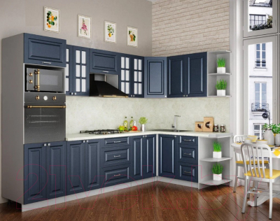 Кухонный гарнитур Интерлиния Мила Шато 1.68x3.0 ВТ правая (индиго/индиго/опал светлый)