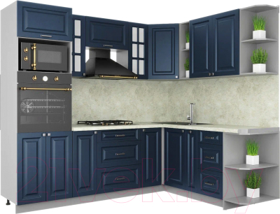 Кухонный гарнитур Интерлиния Мила Шато 1.88x2.4 ВТ правая (индиго/индиго/опал светлый) - фото