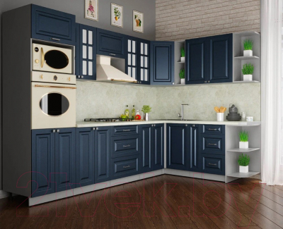 Кухонный гарнитур Интерлиния Мила Шато 1.88x3.0 ВТ правая (индиго/индиго/опал светлый)