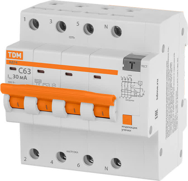 Дифференциальный автомат TDM АД14 4P C63 30мА 4.5кА тип АС 5 мод / SQ0204-0145 - фото