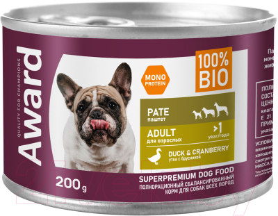 Влажный корм для собак Award Паштет из утки с брусникой / 2540348 - фото