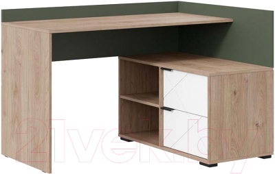 Письменный стол ТриЯ Лео угловой (гикори джексон/белый матовый/дымчатый зеленый) - фото