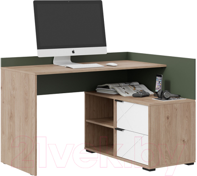 Письменный стол ТриЯ Лео угловой (гикори джексон/белый матовый/дымчатый зеленый)
