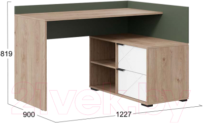 Письменный стол ТриЯ Лео угловой (гикори джексон/белый матовый/дымчатый зеленый)