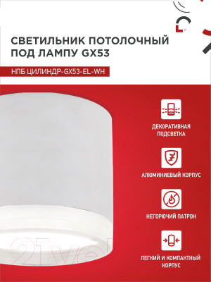 Потолочный светильник INhome НПБ ЦИЛИНДР-GX53-EL-WH / 4690612046334