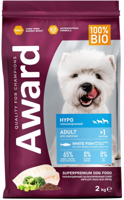 Сухой корм для собак Award Adult Small Hypo с белой рыбой с добавлением брокколи / 7173488 (2кг) - фото