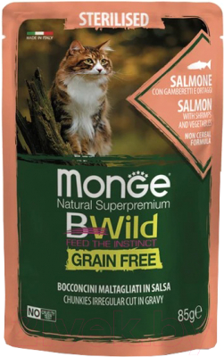 Влажный корм для кошек Monge BWild Grain Free из лосося с креветками и овощами - фото