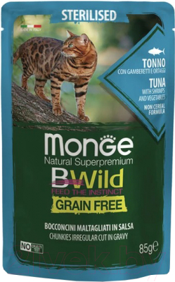 Влажный корм для кошек Monge BWild Grain Free из тунца с креветками и овощами - фото