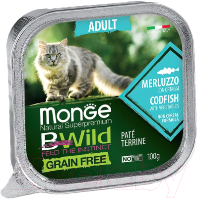 Влажный корм для кошек Monge BWild Grain Free из трески с овощами, ламистер - фото