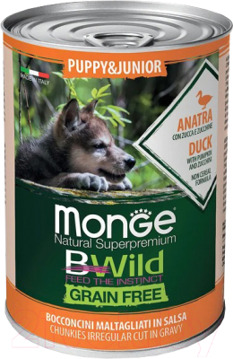 Влажный корм для собак Monge BWild Grain Free Puppy&Junior с уткой, тыквой и кабачками - фото