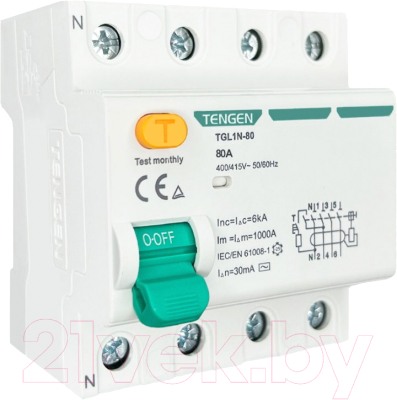 Устройство защитного отключения Tengen TGL1N-80 4P 80A 6kA 30mA AC 4M / TEN320032 - фото