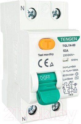 Устройство защитного отключения Tengen TGL1N-80H 2P 63A 10kA 30mA AC 2M / TEN320206 - фото