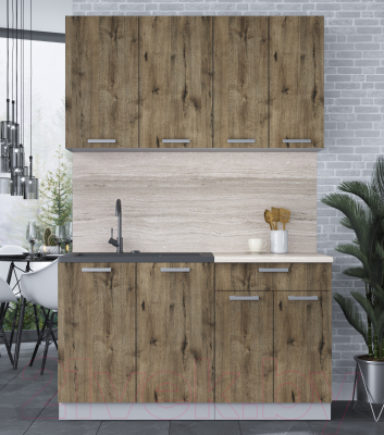 Кухонный гарнитур Интерлиния Мила Лайт 1.4 (дуб веллингтон/дуб веллингтон/травертин серый)