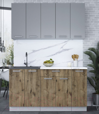 Кухонный гарнитур Интерлиния Мила Лайт 1.5 (серебристый/дуб веллингтон/белый гранит)