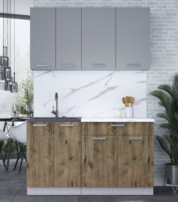 Кухонный гарнитур Интерлиния Мила Лайт 1.4-60 (серебристый/дуб веллингтон/белый гранит)