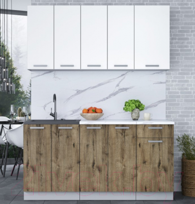 Кухонный гарнитур Интерлиния Мила Лайт 1.6-60 (белый платинум/дуб веллингтон/белый гранит)