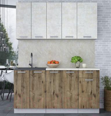 Кухонный гарнитур Интерлиния Мила Лайт 1.6-60 (бетон лайт/дуб веллингтон/опал светлый)