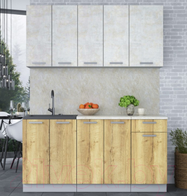 Кухонный гарнитур Интерлиния Мила Лайт 1.6-60 (бетон лайт/дуб золотой/опал светлый)