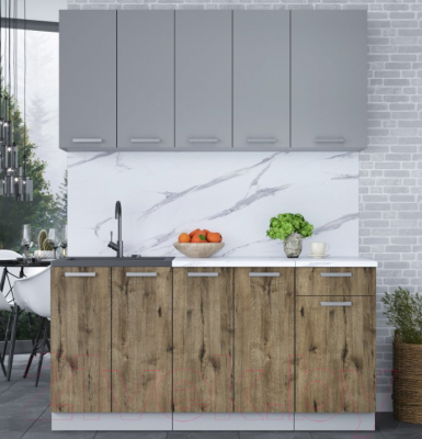 Кухонный гарнитур Интерлиния Мила Лайт 1.6-60 (серебристый/дуб веллингтон/белый гранит)