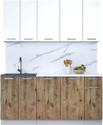 Кухонный гарнитур Интерлиния Мила Лайт 1.7-60 (белый платинум/дуб веллингтон/белый гранит) - фото