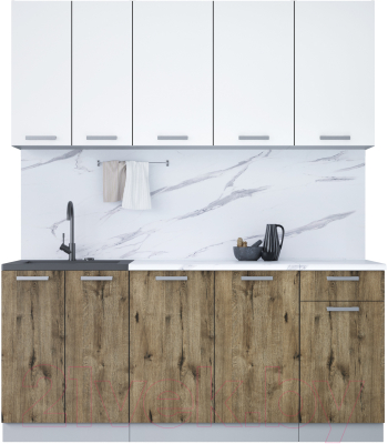 Кухонный гарнитур Интерлиния Мила Лайт 1.8-60 (белый платинум/дуб веллингтон/белый гранит) - фото