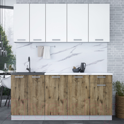 Кухонный гарнитур Интерлиния Мила Лайт 1.8-60 (белый платинум/дуб веллингтон/белый гранит)