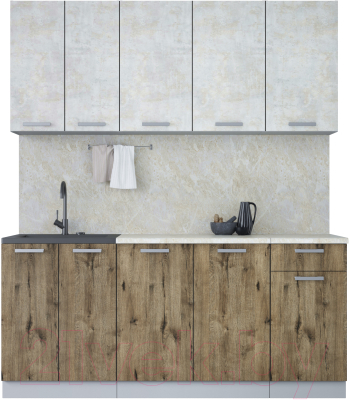 Кухонный гарнитур Интерлиния Мила Лайт 1.8-60 (бетон лайт/дуб веллингтон/опал светлый) - фото