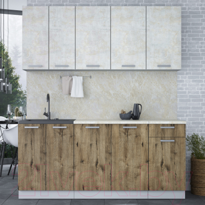 Кухонный гарнитур Интерлиния Мила Лайт 1.8-60 (бетон лайт/дуб веллингтон/опал светлый)