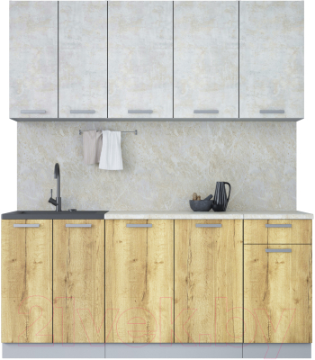 Кухонный гарнитур Интерлиния Мила Лайт 1.8-60 (бетон лайт/дуб золотой/опал светлый) - фото