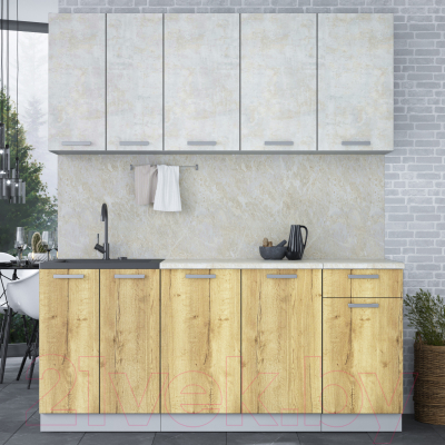 Кухонный гарнитур Интерлиния Мила Лайт 1.8-60 (бетон лайт/дуб золотой/опал светлый)