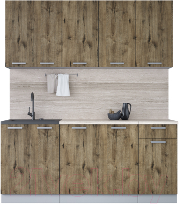 Кухонный гарнитур Интерлиния Мила Лайт 1.8-60 (дуб веллингтон/дуб веллингтон/травертин серый) - фото