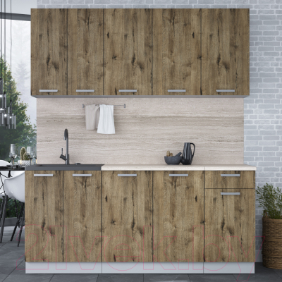 Кухонный гарнитур Интерлиния Мила Лайт 1.8-60 (дуб веллингтон/дуб веллингтон/травертин серый)