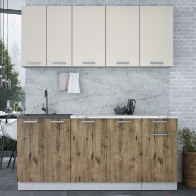 Кухонный гарнитур Интерлиния Мила Лайт 1.8-60 (персидский жемчуг/дуб веллингтон/серый каспий)