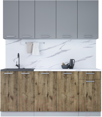 Кухонный гарнитур Интерлиния Мила Лайт 1.8-60 (серебристый/дуб веллингтон/белый гранит) - фото