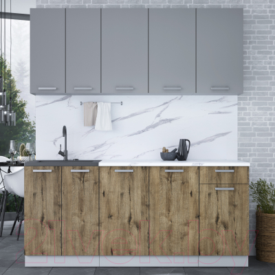 Кухонный гарнитур Интерлиния Мила Лайт 1.8-60 (серебристый/дуб веллингтон/белый гранит)