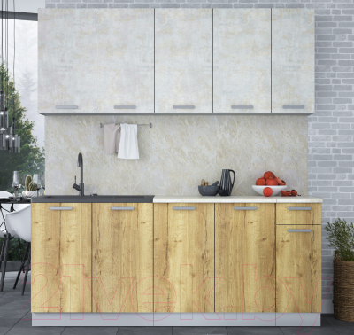 Кухонный гарнитур Интерлиния Мила Лайт 1.9 (бетон лайт/дуб золотой/опал светлый)