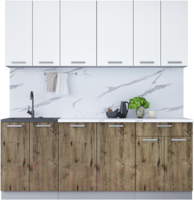 Кухонный гарнитур Интерлиния Мила Лайт 2.0-60 (белый платинум/дуб веллингтон/белый гранит) - фото