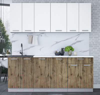 Кухонный гарнитур Интерлиния Мила Лайт 2.0-60 (белый платинум/дуб веллингтон/белый гранит)