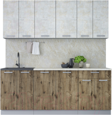 Кухонный гарнитур Интерлиния Мила Лайт 2.0-60 (бетон лайт/дуб веллингтон/опал светлый) - фото