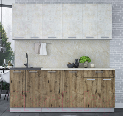 Кухонный гарнитур Интерлиния Мила Лайт 2.0-60 (бетон лайт/дуб веллингтон/опал светлый)