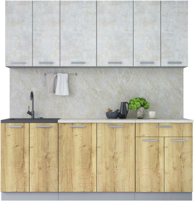 Кухонный гарнитур Интерлиния Мила Лайт 2.0-60 (бетон лайт/дуб золотой/опал светлый) - фото